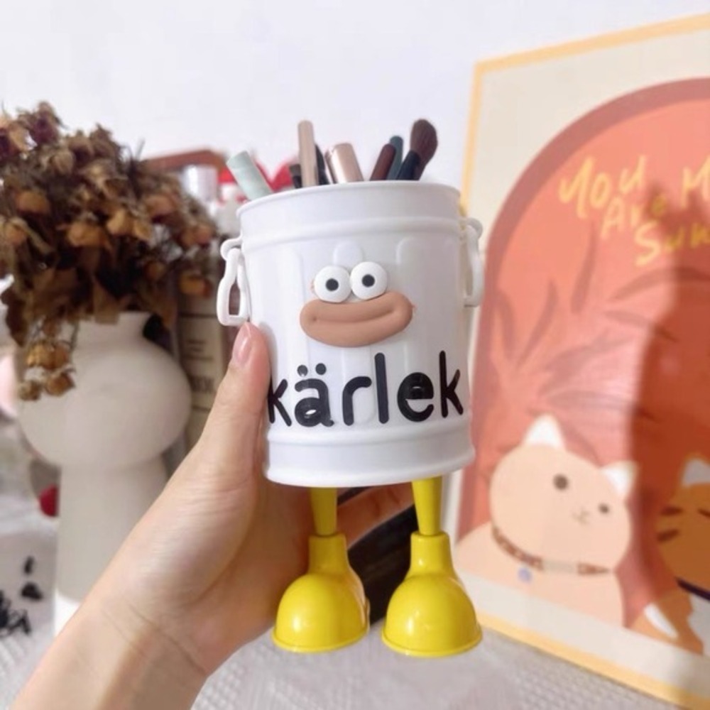 Quirky Trash Can Style Pen Holder – White with Yellow Legs – Cute Desk Organizer